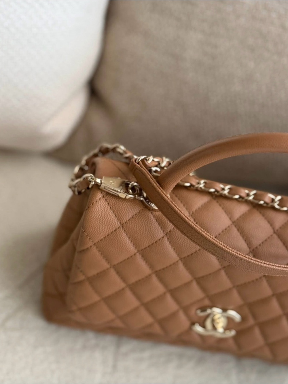 CHANEL Brown Quilted Coco Handle Top Handle Bag Chain Strap Dust Bag Auth Card - Picture 3 of 16